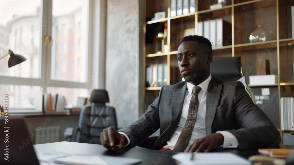 A professional man in a vest sits in a leather chair, working on his computer with a focused expression in a modern office. A professional man in a vest sits in a leather chair, working on his computer with a focused expression in a modern office.