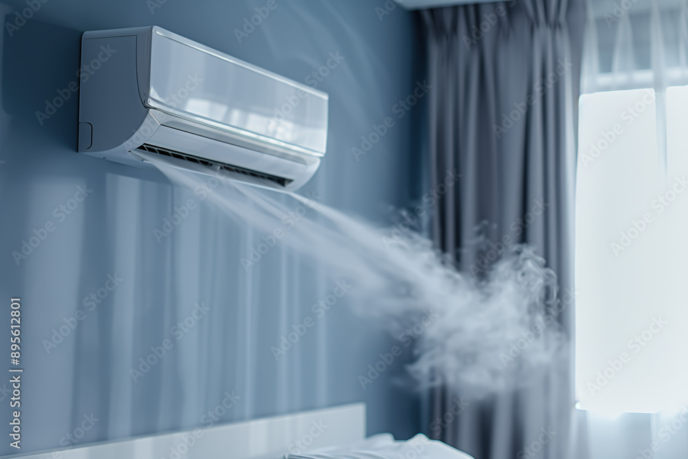 Closeup of Blue and White Air Conditioner in Light Gray Bedroom, Air Flow Creating Snowflakes, Warm Soft Lighting, High-Definition Style Closeup of Blue and White Air Conditioner in Light Gray Bedroom, Air Flow Creating Snowflakes, Warm Soft Lighting, High-Definition Style