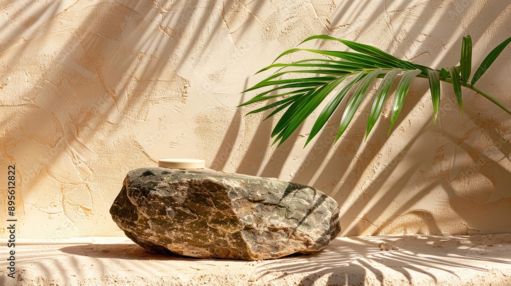 Chic product presentation on rock with palm leaves shadow, raw photo Chic product presentation on rock with palm leaves shadow, raw photo