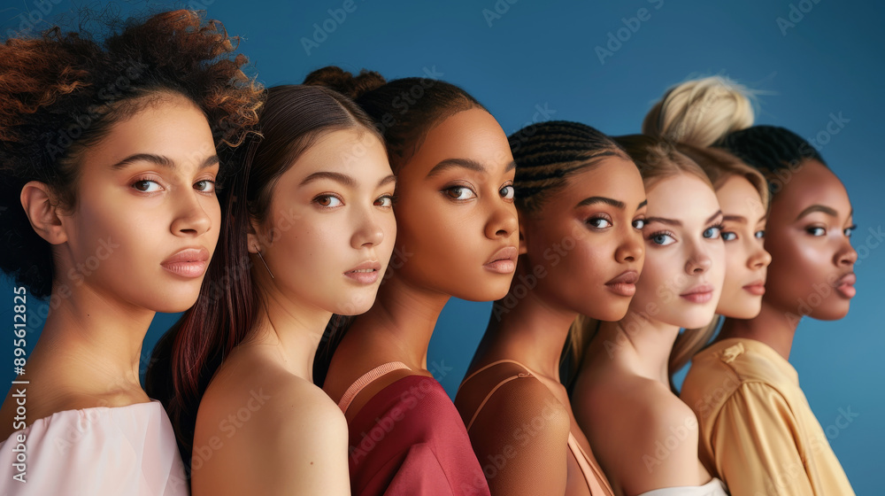 A line of women standing side by side, showing profiles, reflecting diversity and unity against a blue background with a confident and poised demeanor.