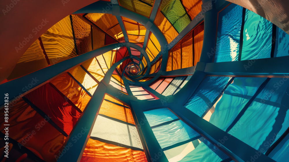 Fototapeta premium A mesmerizing view of spiraling, colorful stained-glass windows forming a vibrant, kaleidoscopic tunnel.