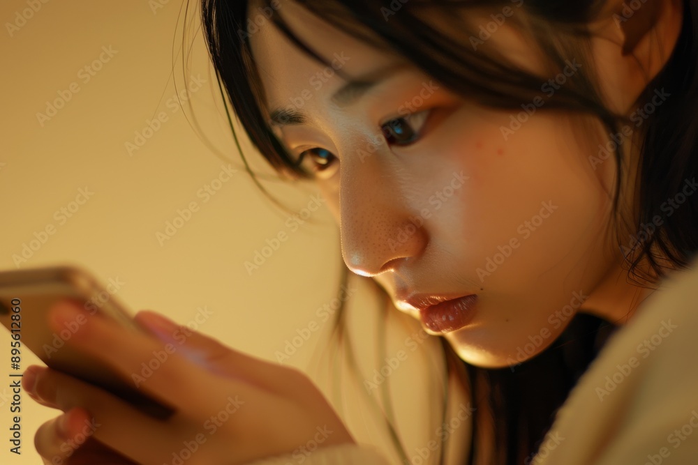 Obraz premium Asian woman's hand holding and reading the screen on her smartphone, phone, texting, messaging, The concept of using the phone is essential in everyday life.