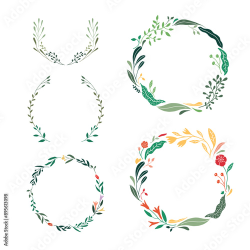 Set of flower wreath, frame, border. Abstract vector illustration. 
