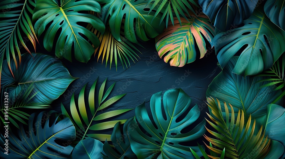 Naklejka premium Green leaves on black background with name space on left side