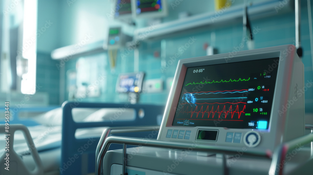 A medical monitor showing various vital signs in a modern hospital room, emphasizing patient care and advanced medical technology. A medical monitor showing various vital signs in a modern hospital room, emphasizing patient care and advanced medical technology.