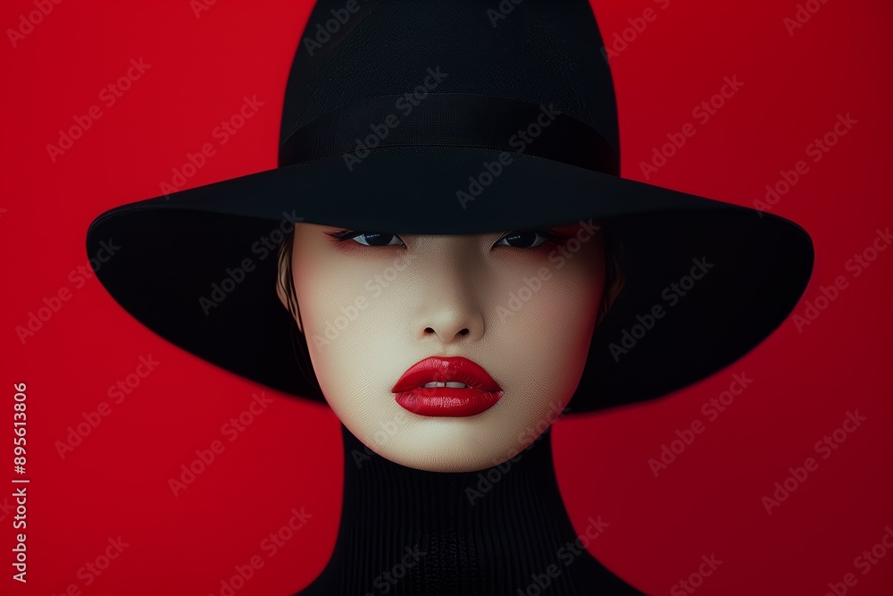 Close-up of an elegant woman wearing a black hat and red lipstick, with a red backdrop, evoking mystery and fashion. Close-up of an elegant woman wearing a black hat and red lipstick, with a red backdrop, evoking mystery and fashion.
