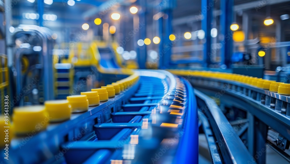 Fototapeta premium Conveyor belt in a modern factory, modern warehouse machinery. Automated Conveyor Belt Workflow in Distribution Warehouse for Efficient E Commerce Logistics