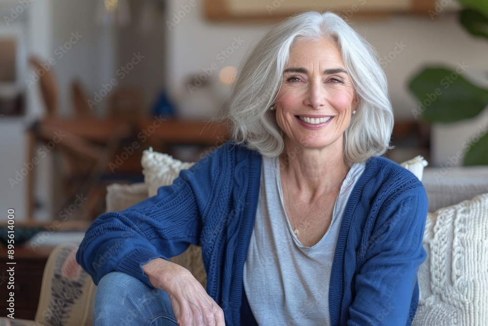 Attractive smiling mature woman sitting on the couch in her living room. Lifestyle concept. Attractive smiling mature woman sitting on the couch in her living room. Lifestyle concept.