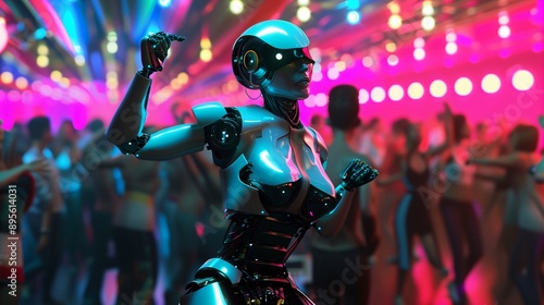 woman robot dancing in a nightclub pulsating lights crowd dancing around her