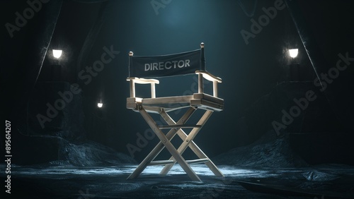 A directors chair placed in the dark environment 3d illustration, director chair image.