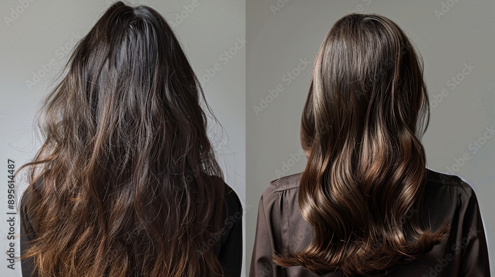 Portrait of a beautiful young woman hair before and after treatment. Portrait of a beautiful young woman hair before and after treatment.