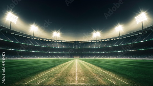 A Professional cricket sports background for advertisement, A Wide Perspective Spectacular sport cricket stadium with glowing floodlights and empty green grass field and pitch. photo