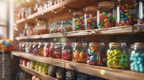 Wallpaper Mural Shelves lined with glass jars filled with colorful candies in a cozy, sunlit shop; an inviting and nostalgic scene filled with delightful sweets. Torontodigital.ca