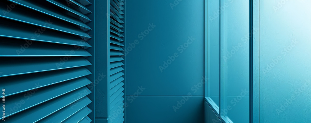 Obraz premium A serene blue interior featuring sleek lines and vertical blinds, perfect for modern design or minimalistic themes.