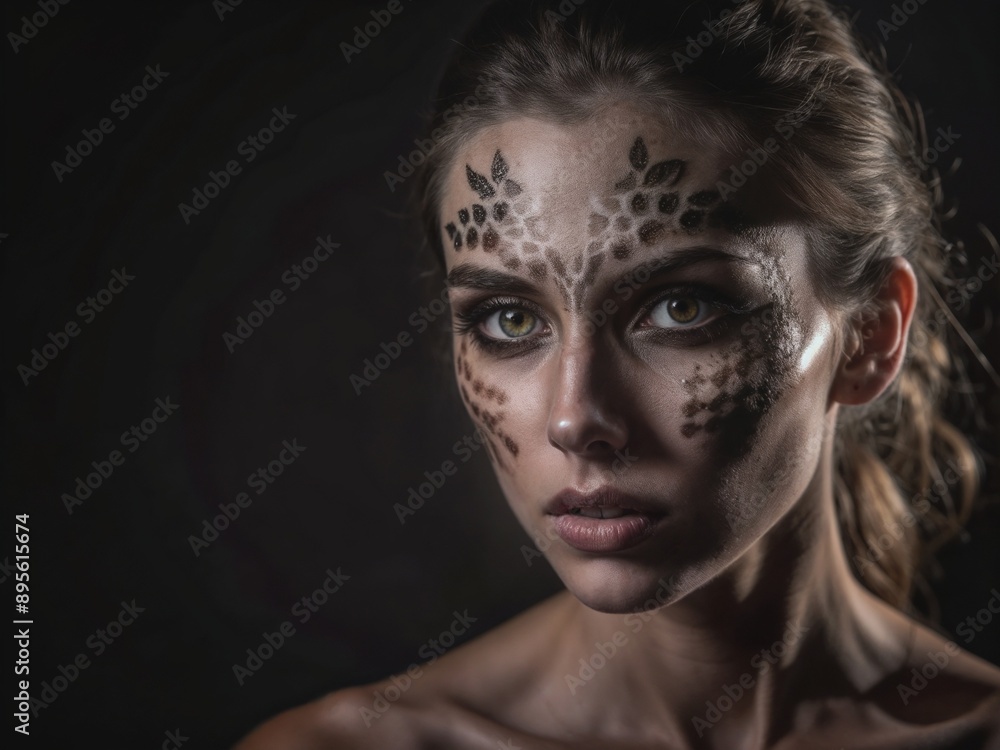 a stock photo of a model with creative makeup in a studio with dark lighting, AI, beautiful woman in studio a stock photo of a model with creative makeup in a studio with dark lighting, AI, beautiful woman in studio