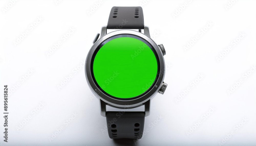 A modern smartwatch with a green screen, isolated on a white background, ideal for app or interface mockups. A modern smartwatch with a green screen, isolated on a white background, ideal for app or interface mockups.