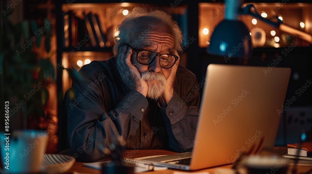 Tired elderly man staring at laptop, working late at night in a cozy, dimly lit room with bookshelves and warm lighting. Tired elderly man staring at laptop, working late at night in a cozy, dimly lit room with bookshelves and warm lighting.