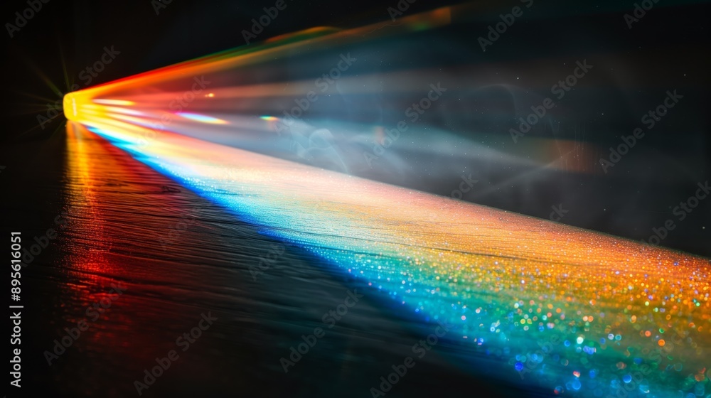 Colorful spectrum of light shining through a prism, creating a mesmerizing refraction effect on reflective surface. Colorful spectrum of light shining through a prism, creating a mesmerizing refraction effect on reflective surface.