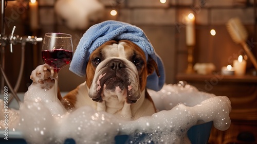 Bulldog in a bubble bath with a towel on head, holding a glass of wine in a cozy candlelit bathroom.