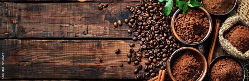 Fototapeta premium Coffee and Cocoa Beans and Powder on Wooden Background