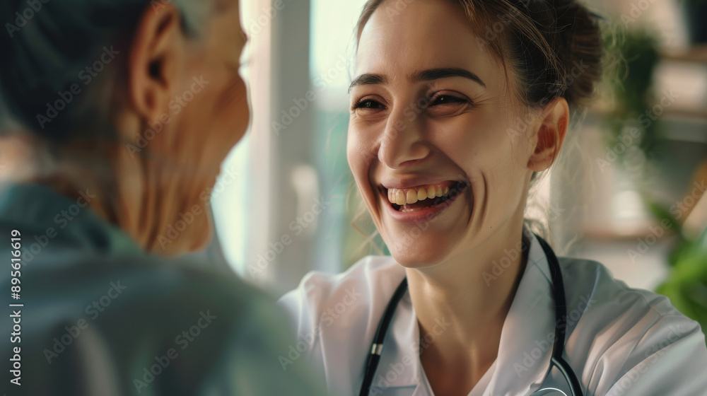 A joyful doctor warmly interacts with an elderly patient, showcasing genuine care and compassion in a well-lit, serene medical setting. A joyful doctor warmly interacts with an elderly patient, showcasing genuine care and compassion in a well-lit, serene medical setting.