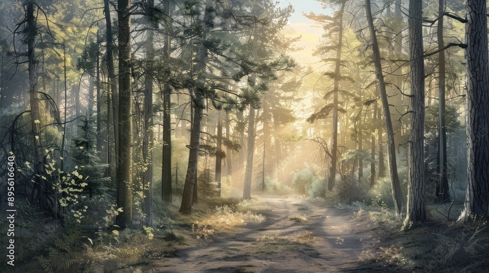A path winds through a misty forest bathed in warm sunlight A path winds through a misty forest bathed in warm sunlight