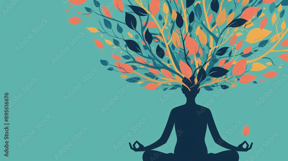 Silhouette of man meditating in lotus pose with tree and leaves in the background. Silhouette of man meditating in lotus pose with tree and leaves in the background.