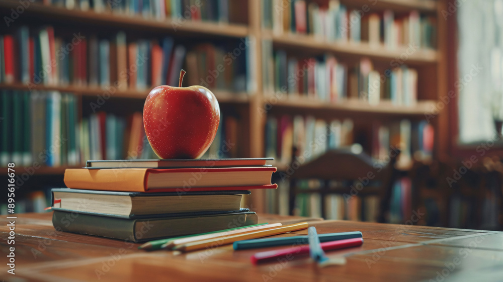 Stack of Books with Apple and Pencils on Library Desk Stack of Books with Apple and Pencils on Library Desk