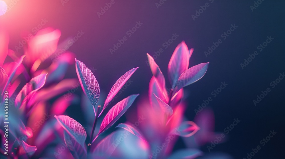 A close-up of a plant with pink and blue leaves in the foreground and a bright light in the background A close-up of a plant with pink and blue leaves in the foreground and a bright light in the background
