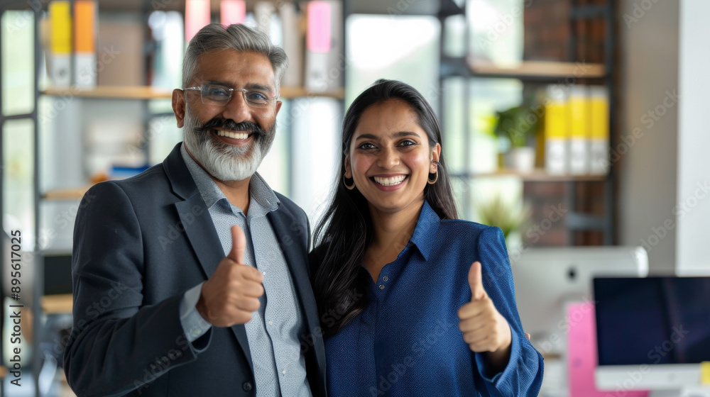 A cheerful pair of colleagues in an office, both smiling broadly and giving a thumbs-up, signifying success and positivity. A cheerful pair of colleagues in an office, both smiling broadly and giving a thumbs-up, signifying success and positivity.