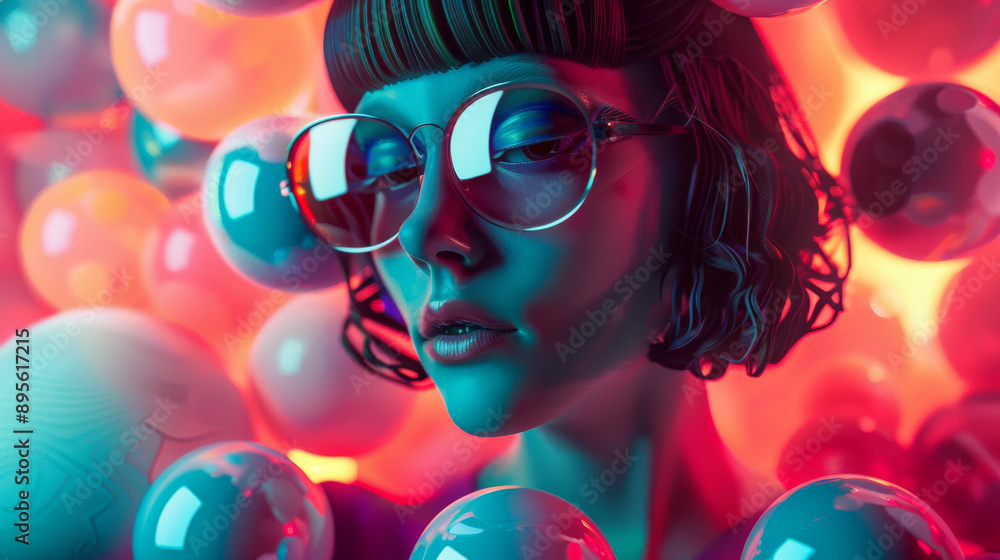 A woman in oversized glasses is enveloped in colorful, glowing orbs, exuding a futuristic and dreamlike ambiance. A woman in oversized glasses is enveloped in colorful, glowing orbs, exuding a futuristic and dreamlike ambiance.