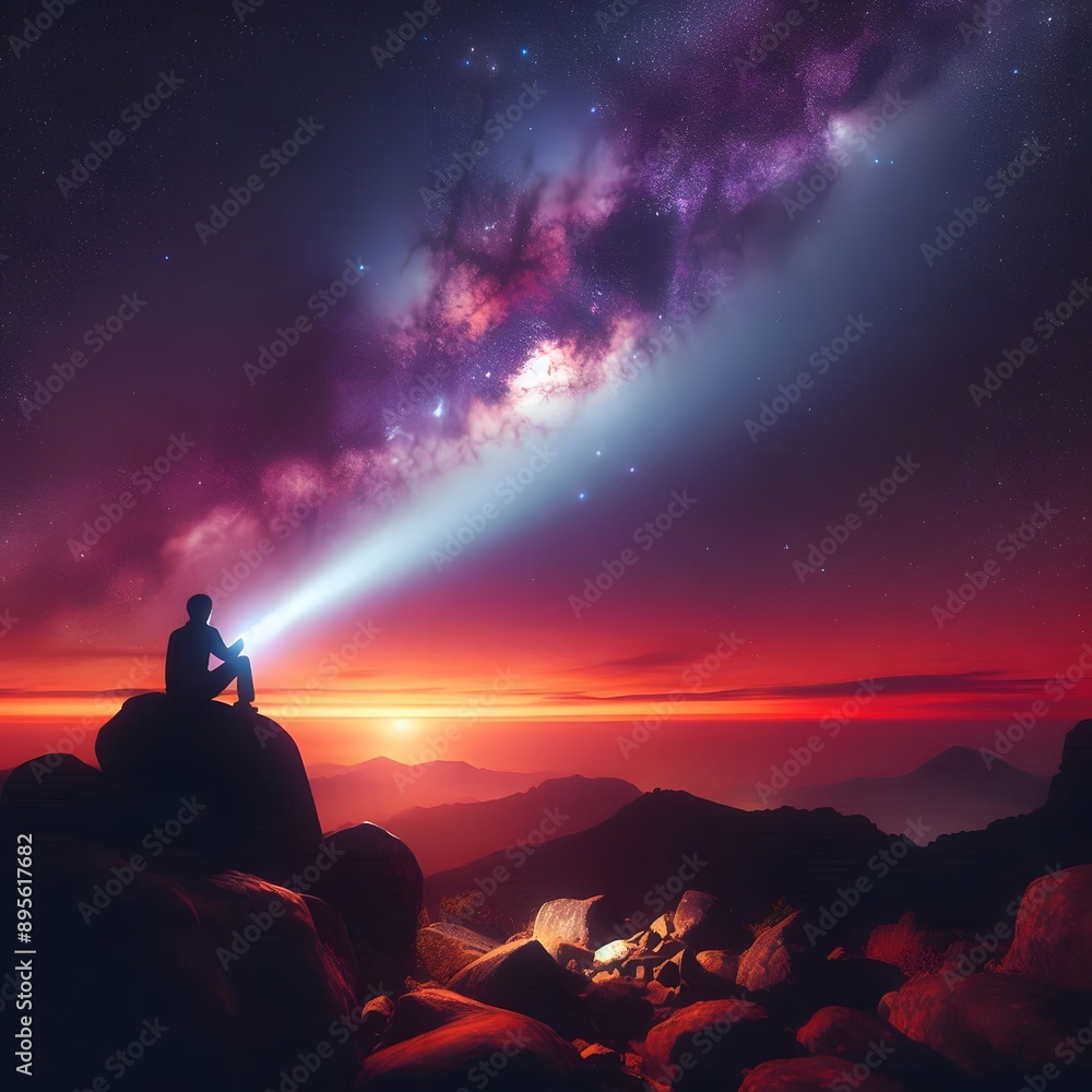 Silhouette of a man sitting on top of a mountain and watching the Milky Way Generated by AI Silhouette of a man sitting on top of a mountain and watching the Milky Way Generated by AI