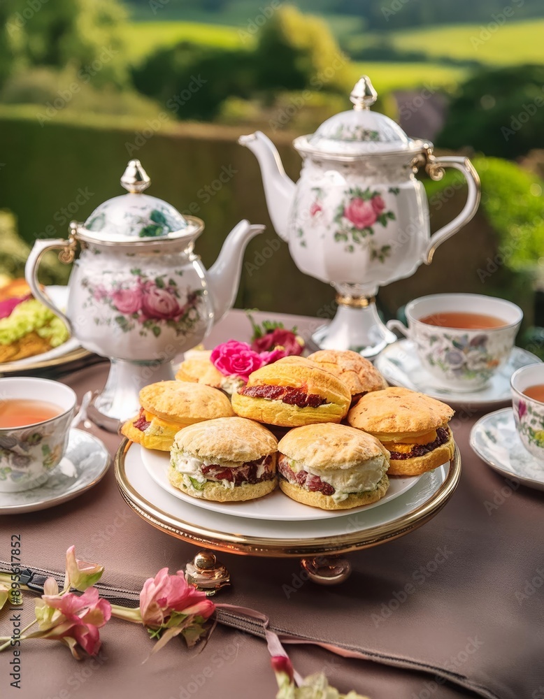 A delicate tea party spread with floral teapots dainty sandwiches and a touch of pink blossoms A delicate tea party spread with floral teapots dainty sandwiches and a touch of pink blossoms