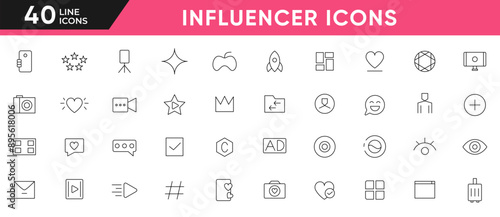 Influencer line icons set. Marketing, Ambassador, Feedback, Rating, Trust, Influence, People, Megaphone, Influencer, video, likes, social media outline icon collection. UI thin icons pack.