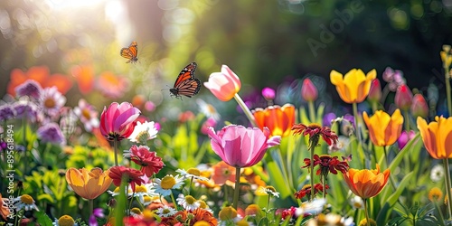 A vibrant flower garden bursting with colorful blooms, including roses, tulips, and daisies, with butterflies and bees flitting about. photo