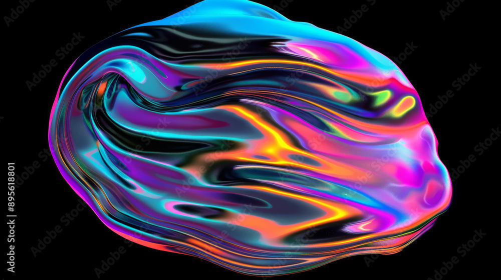 Obraz premium Vibrant, flowing neon liquid form with psychedelic swirls against a stark black background, showcasing an abstract, futuristic aesthetic.