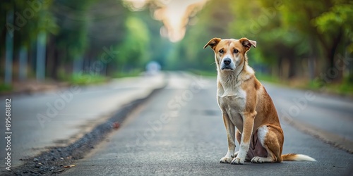 Sad stray dog sitting on road with eyes filled with sadness, stray, dog, road, sadness, alone, lonely, abandoned, pet, animal