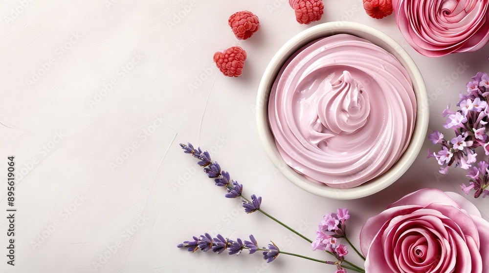 A bowl of whipped cream sits atop a white surface, surrounded by a field of pink and purple flowers, adorned with succulent raspberries A bowl of whipped cream sits atop a white surface, surrounded by a field of pink and purple flowers, adorned with succulent raspberries