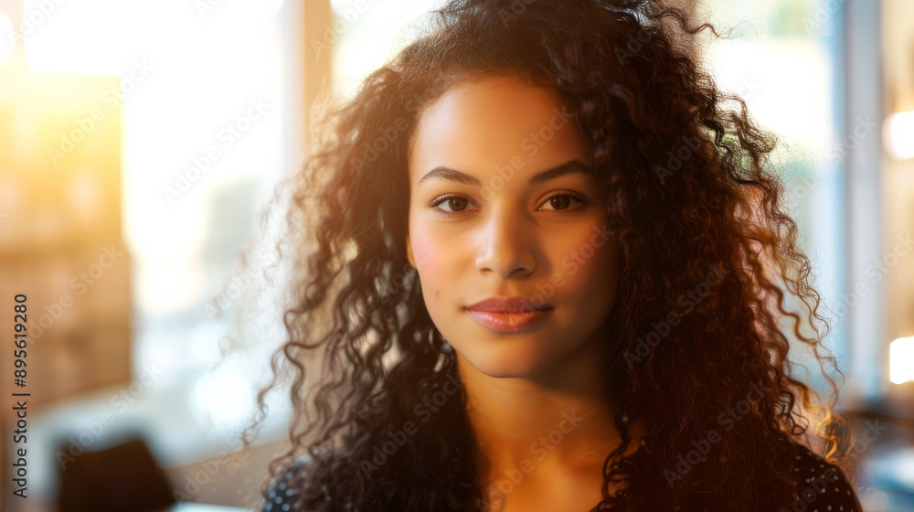 A young woman with curly hair gazes confidently into the camera, bathed in natural light, radiating poise and elegance. A young woman with curly hair gazes confidently into the camera, bathed in natural light, radiating poise and elegance.