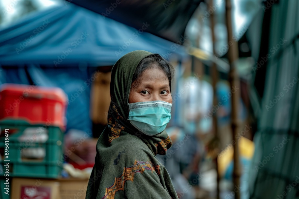 Woman wearing a face mask in a crowded market. Woman wearing a face mask in a crowded market.
