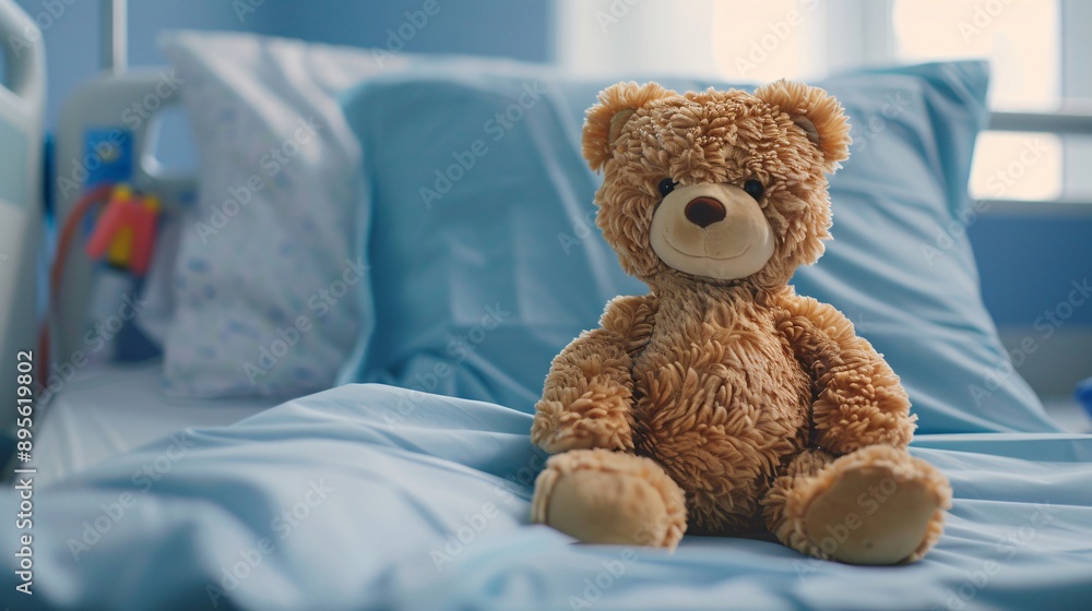 Teddy bear sitting on the bed in the hospital room. Teddy bear sitting on the bed in the hospital room.