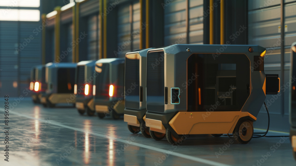 High-tech autonomous delivery units are neatly lined up in a luminous modern warehouse, emphasizing technological advancement and streamlined operations. High-tech autonomous delivery units are neatly lined up in a luminous modern warehouse, emphasizing technological advancement and streamlined operations.