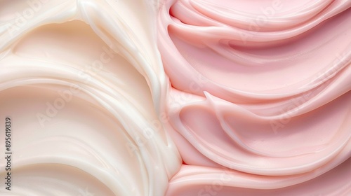  A close-up view of a pink and white swirl pattern on a smooth, wavy, cream-like surface