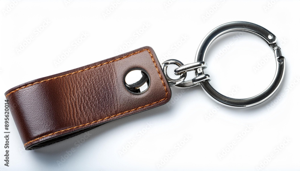 A stylish keychain with a leather strap and metal ring, isolated on a white background, emphasizing its elegant and practical design. A stylish keychain with a leather strap and metal ring, isolated on a white background, emphasizing its elegant and practical design.