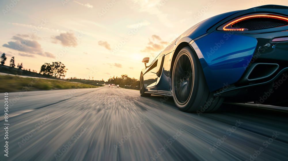 Fototapeta premium Blue sports car driving on a road at sunset
