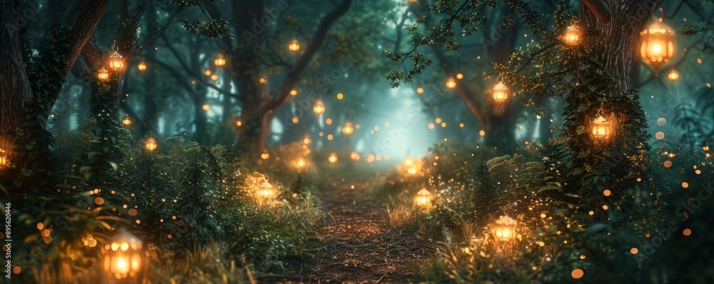 Naklejka premium Enchanted Forest Fairy Lanterns, 4K hyperrealistic photo