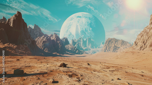 Fototapeta Naklejka Na Ścianę i Meble -  A distant planet fills the horizon of a barren alien landscape with rugged mountains under a surreal, clear sky.