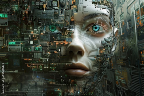 Cyborg Face, Humanoid Robot, Artificial Intelligence, AI, Future Technology. © KP