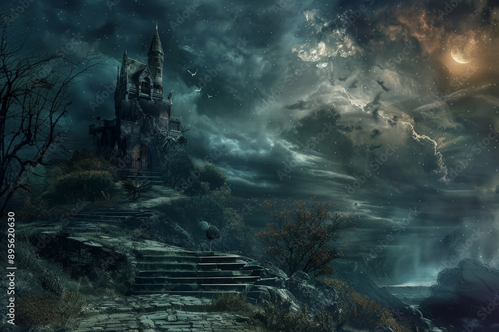 Mysterious Castle on a Hilltop at Night. Mysterious Castle on a Hilltop at Night.