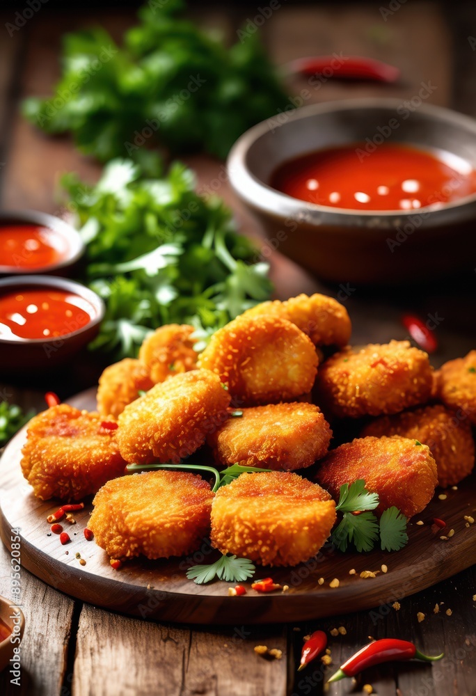 crispy spicy chicken nuggets golden brown served dipping sauce garnished fresh herbs, coating, appetizer, fast, food, delicious, tender, flavorful, texture, hot crispy spicy chicken nuggets golden brown served dipping sauce garnished fresh herbs, coating, appetizer, fast, food, delicious, tender, flavorful, texture, hot